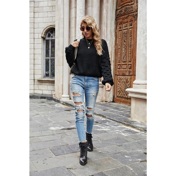 Lantern Long-Sleeved Knitted Pullover Cable Knit Sweater - Picture 2 of 12